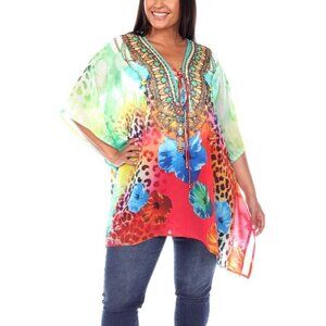 WHITE MARK Plus Size Short Bright and Colorful Caftan with Tie-Up Neckline NWT